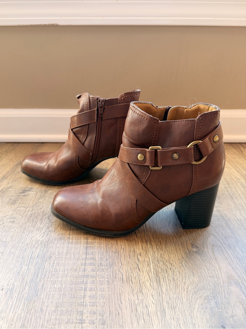Women's Brown Leather Ankle Boots with Buckle Detail